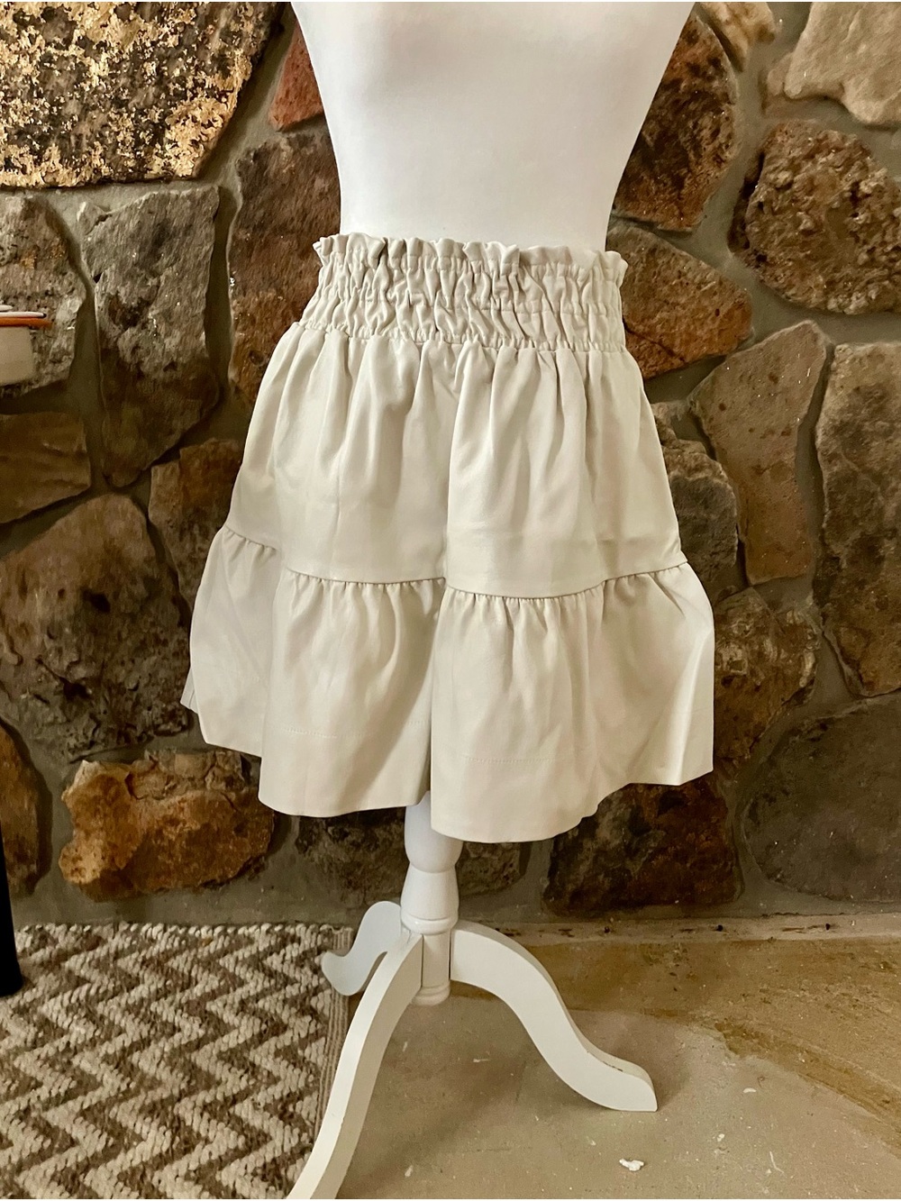 Anthropologie Cream Faux Leather Tiered Skater Mini Skirt